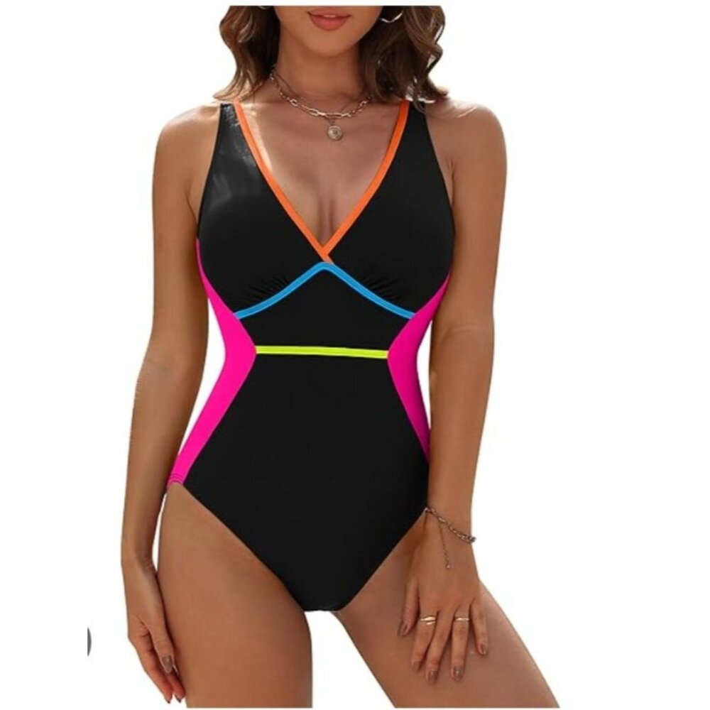 Womens Med Size V-Neck One-Piece Swimsuit Black Tie Back Beach Vacation Sexy